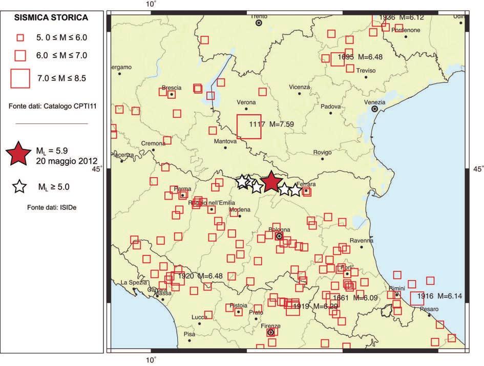 Figura 1 Distribuzione della sismicità storica negli ultimi mille anni di magnitudo maggiore o uguale a 5.0, (Catalogo CPTI11 [Rovida et al., 2011]).