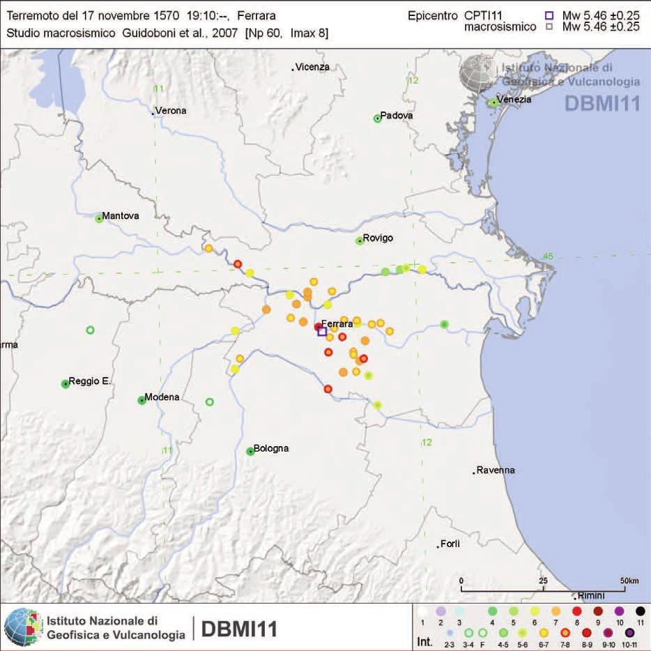Figura 2 Distribuzione degli effetti prodotti dal terremoto di Ferrara del 1570 (Fonte dati DBMI11 [Locati et al., 2011]).