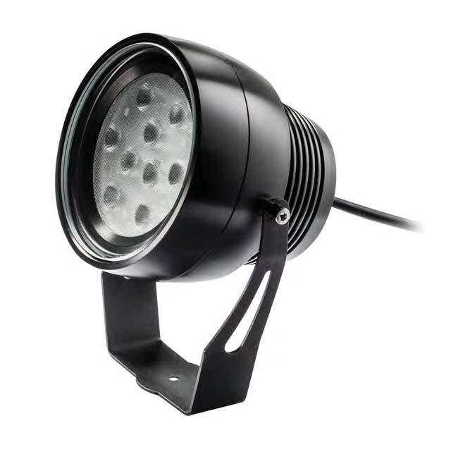 Proiettore con 9 LED, narrow, medium, wide e opal (a richiesta). Staffa in acciaio picchetto per il posizionamento nel terreno. IP68. Potenza assorbita: 14W. LED projector for use.