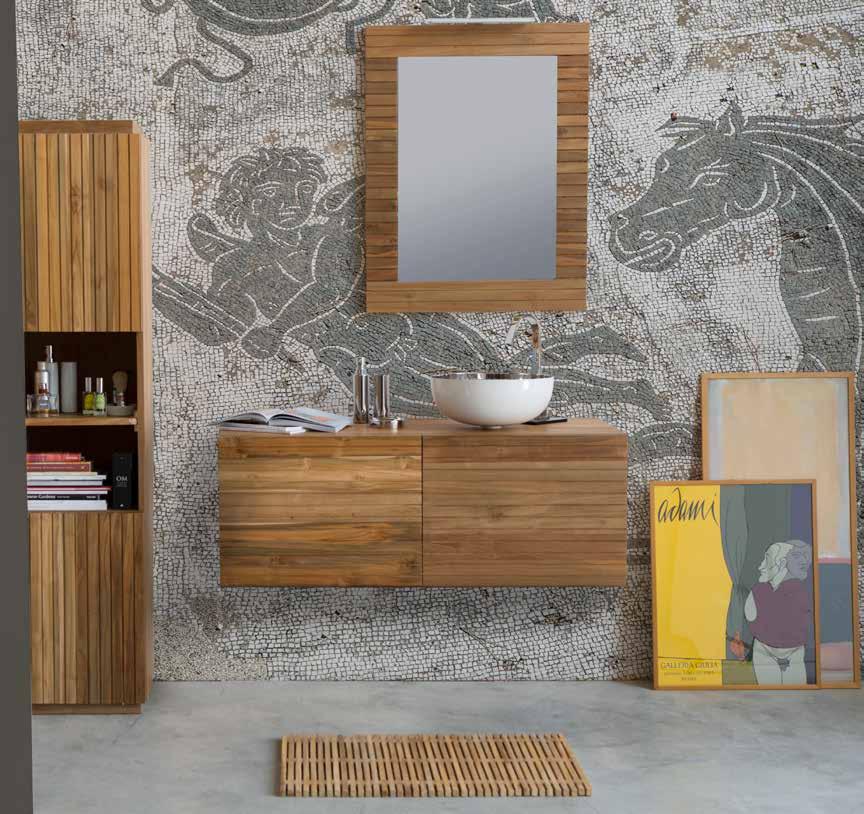 STRIPES Collection of solid teak furniture and accessories for the bath room. The dresser with shelf and two drawers and the hanging console are the perfect surfaces where to place CIPÏ washbasins.