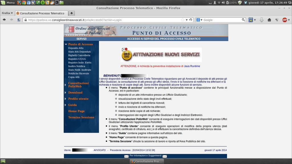 Apriamo nuovamente Firefox e andiamo a scaricare Consolle Avvocato dal sito dell'ordine degli Avvocati di Padova andando su http://www.ordineavvocati.padova.