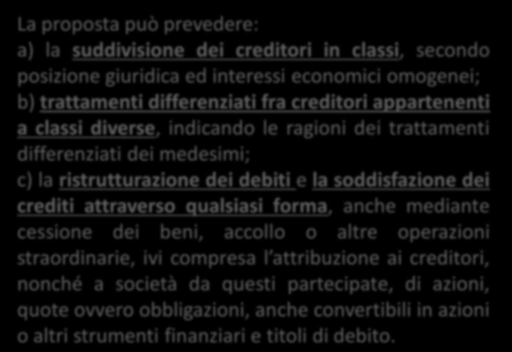 Soluzioni possibili per la risoluzione della situazione di squilibrio finanziario e di deficit patrimoniale Concordato fallimentare 124 e segg La proposta può prevedere: a) la suddivisione dei