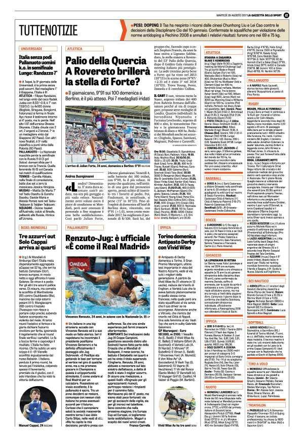 Pagina 41 La Gazzetta dello Sport UNIVERSIADI Italia senza podi Pallanuoto uomini k.o. in semifinale Lungo: Randazzo 7 A Taipei, la 9a giornata delle Universiadi, è la prima senza podi azzurri.