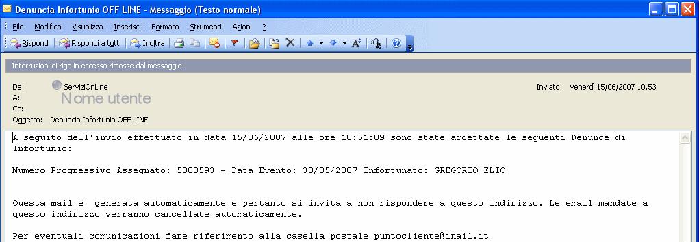 Nel testo della e-mail viene indicato quanto riportato in figura, nel caso in cui il file abbia superato tutti i dovuti controlli, altrimenti saranno riportati i messaggi di errore relativi