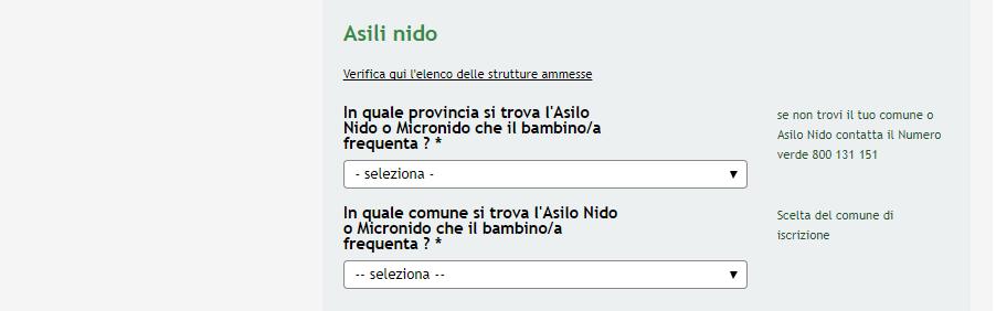 xls ATTENZIONE Qualora il comune e/o l asilo nido frequentato non siano presenti nell elenco è necessario contattare il Numero Verde 800 131 151 Selezionare la provincia ed il comune in cui si trova