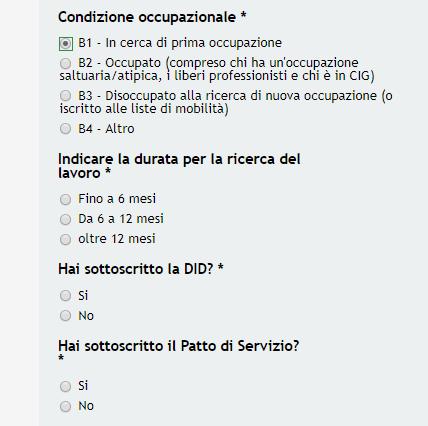 ATTENZIONE In base alla Condizione occupazionale specificata, il sistema