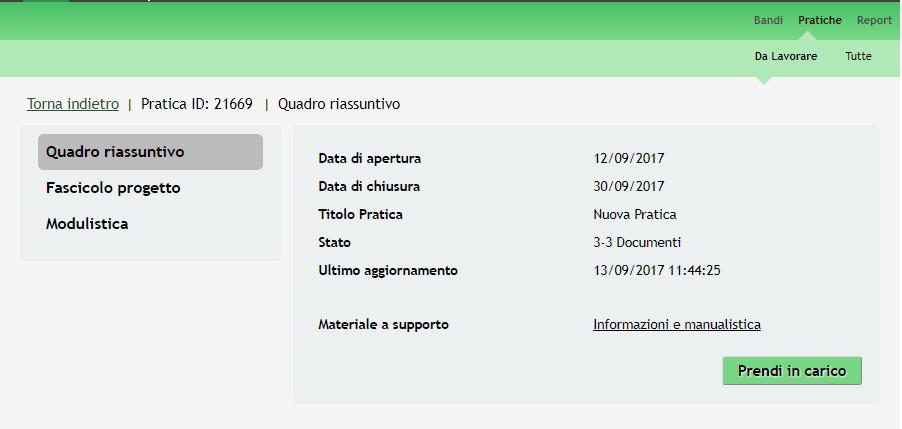 Dal Quadro riassuntivo di una domanda in lavorazione è possibile procedere con lo sblocco della pratica cliccando su.