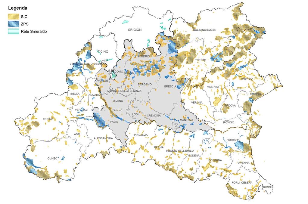 Figura 1 - Distribuzione dei SIC e delle ZPS in Lombardia e nelle Regioni, Province Autonome e Cantoni