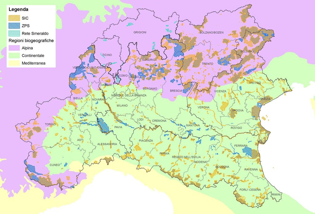 Figura 5 - Distribuzione dei SIC e ZPS sul territorio lombardo e nelle Regioni, Province Autonome e Cantoni Confinanti suddiviso per zone