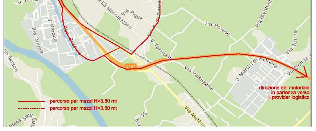 nella maniera indicata nello schema sottostante: in particolare gli autotreni con altezza superiore a 3,50 mt devono imboccare la SS 47 in direzione nord, per poi svoltare subito a sinistra su Via