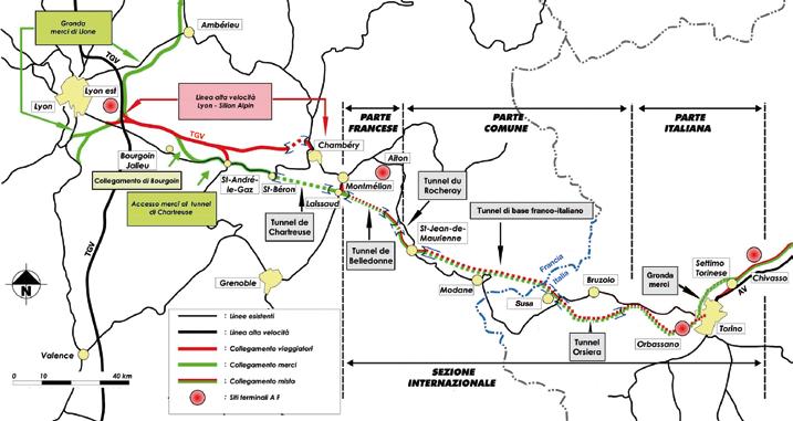 Schema della nuova linea Torino-Lione, compresi gli interventi impegnativi previsti sul versante francese, fra cui la gronda merci di Lione, alcuni tunnel, una nuova linea per il Tgv (solo