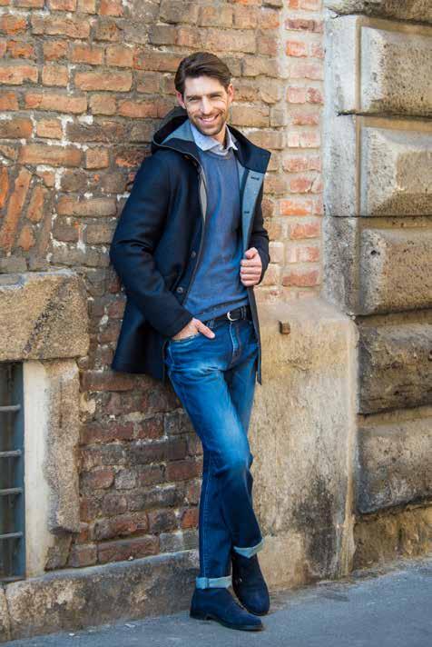 Cappotto effetto lana cotta taglio vivo Camicia fil coupè Jeans stone wash resinato denim Cintura in