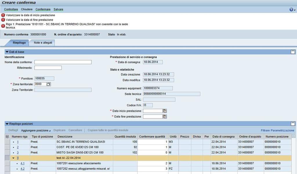 Prestazioni non pianificate: Trasferimento Per procedere trasferendo gli