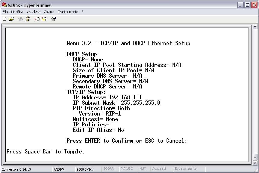 sull eprom del router, ora verra visualizzato il menu principale premere 4 e invio.