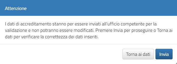 validazione delle informazioni. Per tornare alla pagina di inserimento dei dati di accreditamento per controllarne la correttezza premere il pulsante Torna ai dati.