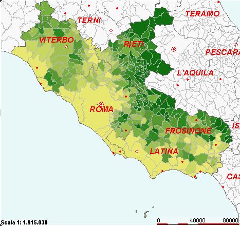 Mappa 1.2 Livello altimetrico per classi nei comuni del Lazio Tavola 1.2 Zone altimetriche della Regione Lazio - Valori in kmq PROVINCE Montagna Collina Pianura Viterbo - 3.