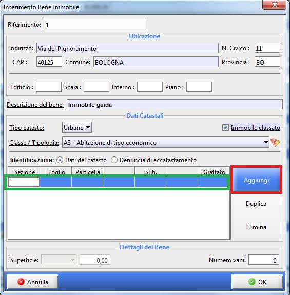Per l inserimento dei dati catastali cliccare su Aggiungi.