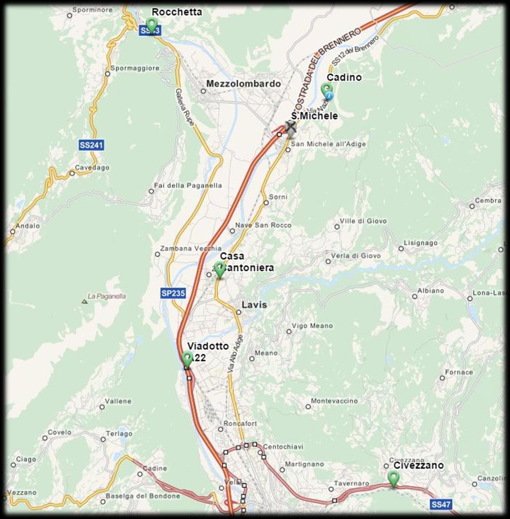 Rete di rilevamento 6 postazioni di rilevamento fisse (statiche) nel tratto sperimentale: SS12 km 398+020 (Cadino) SS12 km 389+660