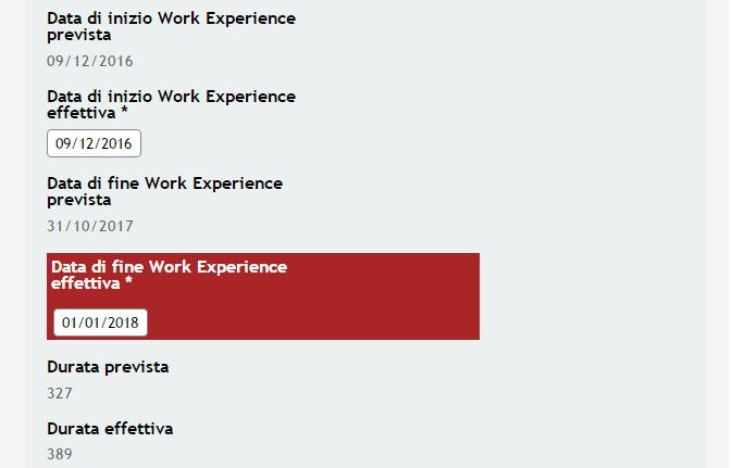 Figura 11 - Dettaglio Errore inserimento Data Successiva La Data di Fine Effettiva Work Experience non può essere antecedente alla