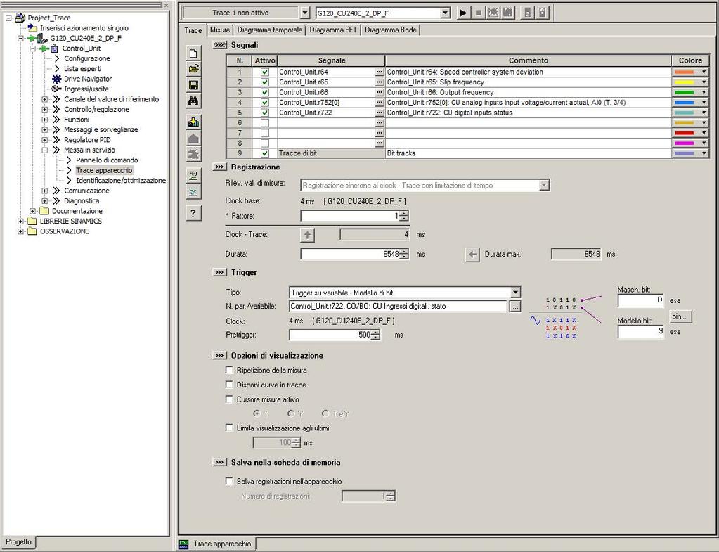 Messa in servizio 4.8 Messa in servizio di base con STARTER 4.8.6 TRACE apparecchi in STARTER Descrizione Il Trace rappresenta l'andamento temporale dei segnali del convertitore.