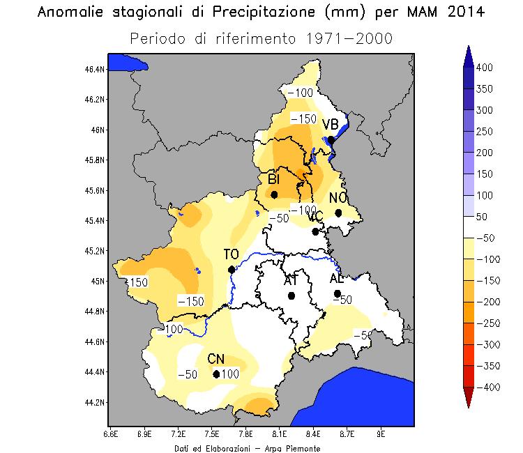 Figura 8 Anomalia della precipitazione nella Primavera 2014, rispetto alla climatologia 1971-2000.