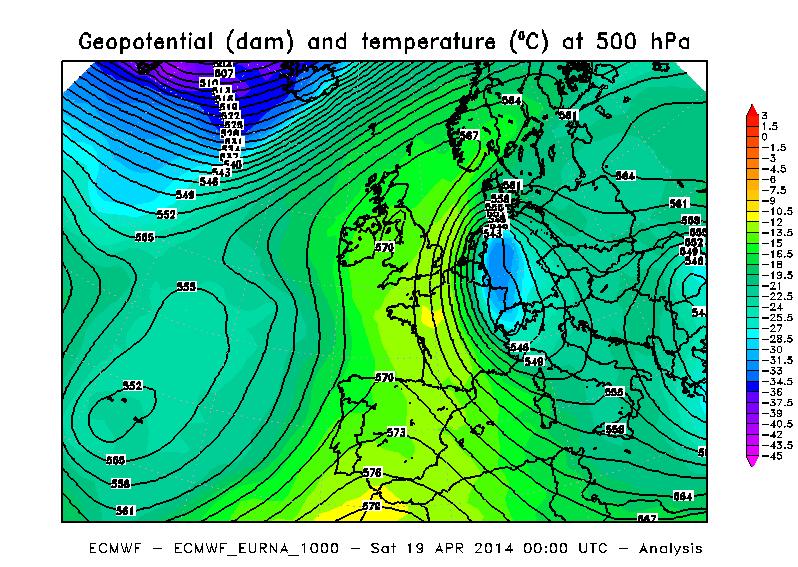 Sabato 19 Aprile, vigilia di Pasqua, si è avuta la discesa di un nuovo nucleo di aria fredda di origine scandinava, stavolta verso l arco alpino occidentale (figura 3b) e pertanto in questo caso si