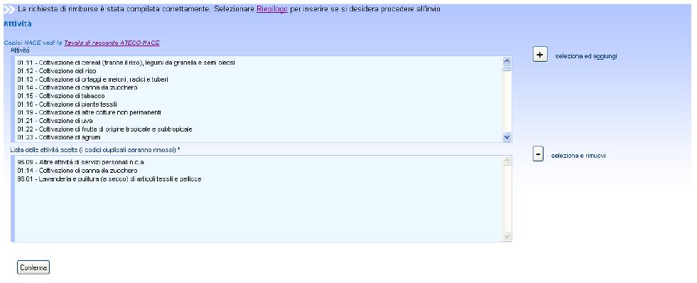 In un pannello successivo devono essere inseriti i codici attività secondo lo standard di codifica europeo NACE ed è possibile consultare la tabella di raccordo tra la codifica ATECO e NACE per