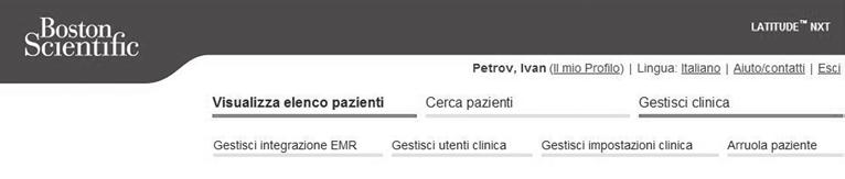 USO DEL SISTEMA LATITUDE NXT DI GESTIONE DEL PAZIENTE Navigazione nel sito 2-5 Navigazione nel sito La figura seguente mostra il banner in alto e i pulsanti di navigazione del sito Web LATITUDE NXT.