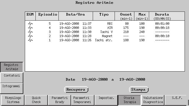 DIAGNOSTICA E FOLLOW-UP STORICO DELLA TERAPIA 7-17 Figura 7-3. La schermata Registro aritmie.
