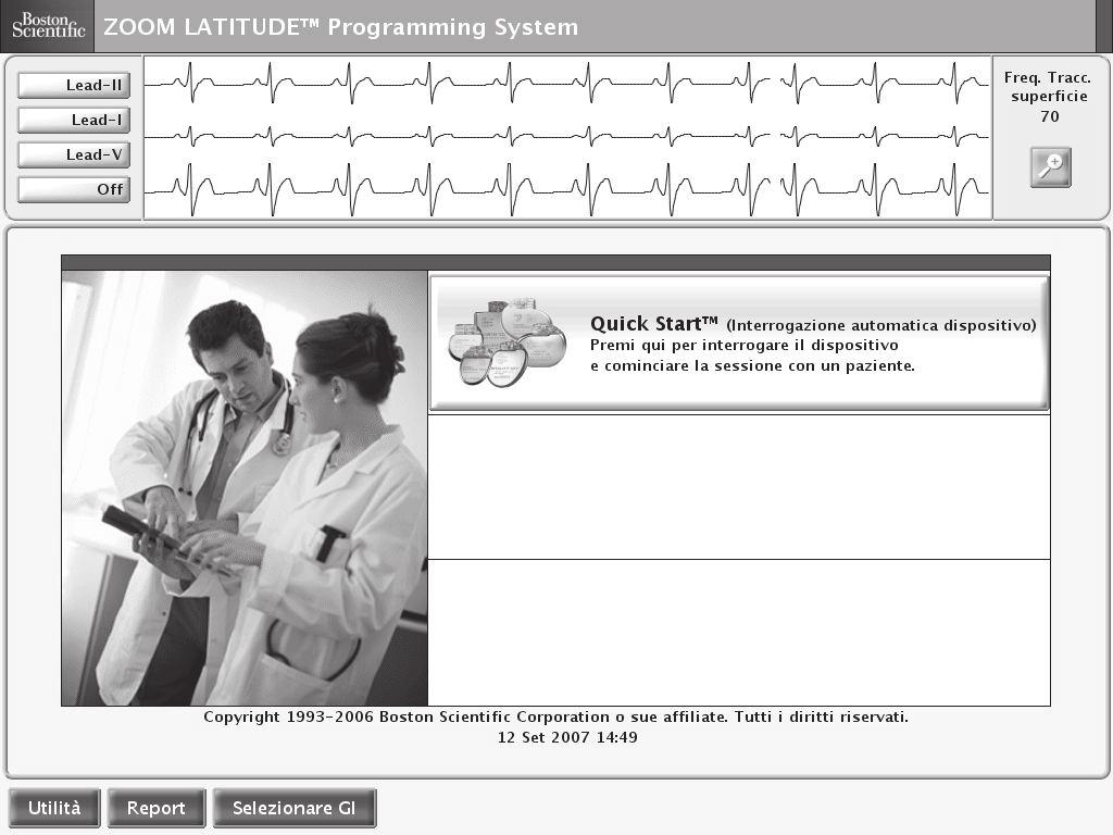 USO DEL PROGRAMMATORE/REGISTRATORE/MONITOR (PRM) AVVIO DEL PRM E DEL SOFTWARE 5-3 Visualizzazione ECG Frequenza di superficie Pulsante Dettagli Pulsante Quick Start Pulsanti di menu Figura 5-1.