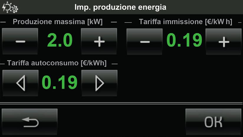Monitoraggio energia 8.7.2 IMPOSTAZIONI PRODUZIONE ENERGIA Toccando l icona si accede alle videate per la selezione dei parametri relativi all'energia prodotta dall'impianto ed erogata sulla rete.