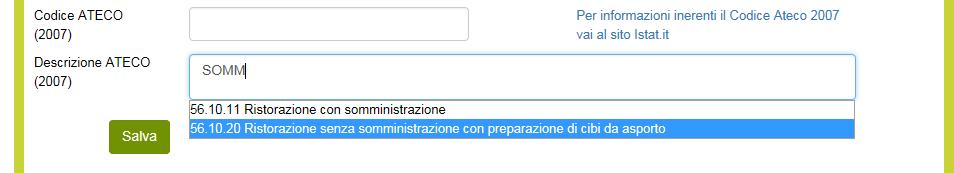 Figura 16 Descrizione Codice Ateco Dopo aver inserito tutti i dati richiesti e dopo aver cliccato su Salva, l utente visualizzerà la sezione Compagine Sociale solo se avrà selezionato una forma