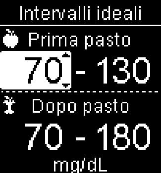 Continuare impostando il valore limite superiore dell intervallo per Prima pasto e i valori del limite superiore e inferiore dell intervallo