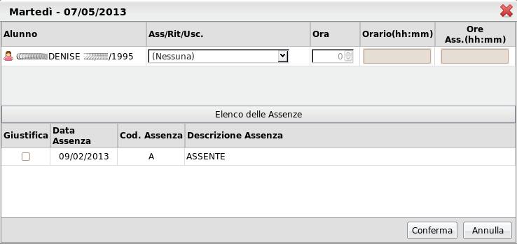 In questa finestra di dettaglio il docente potrà registrare sia le assenze che le giustificazioni per le assenze arretrate