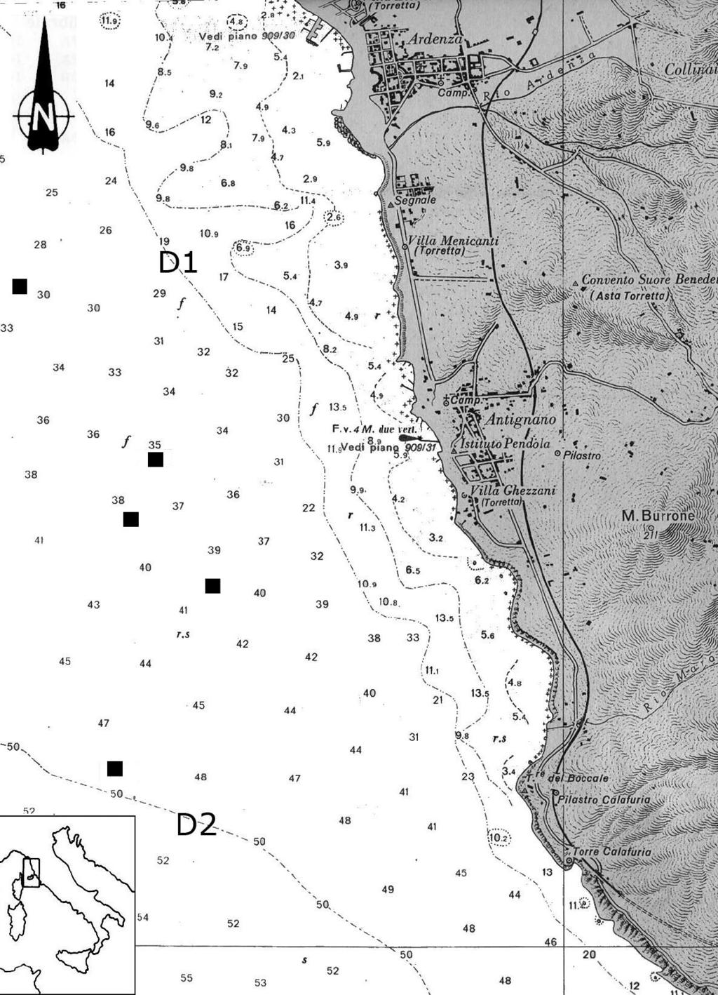 Fabrizio Cuneo, Alessandro Margelli, Enzo Campani & Manrico Coppini 6 Fig. 1. Carta batimetrica dell area di studio. Fig. 1. Depth chart of the sampled area.