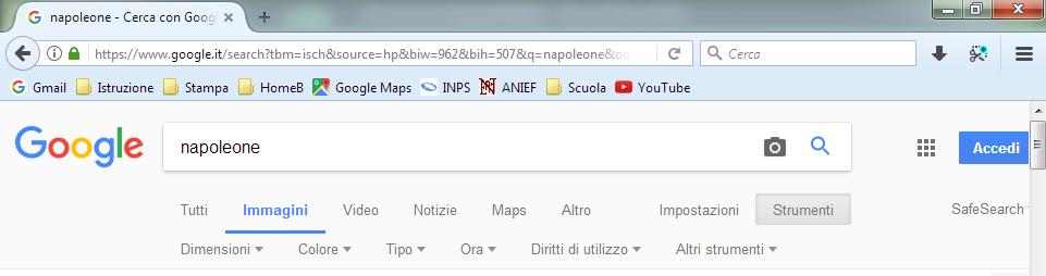 L opzione Strumenti Questa opzione permette di affinare la ricerca di immagini in base: alle dimensioni (in pixel, altezza e larghezza ) al colore predominante, in bianco e nero,