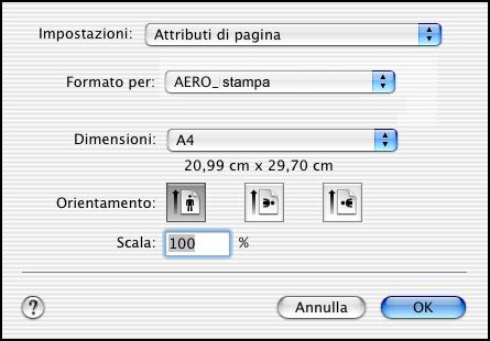 STAMPA DA MAC OS X 19 2 Per Impostazioni, selezionare Attributi di pagina. Nel menu Formato per, selezionare GA-1210. 3 Selezionare le impostazioni della pagina per il lavoro di stampa.