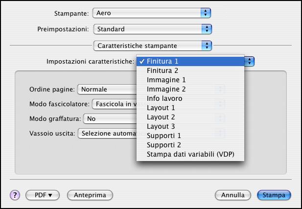 STAMPA DA MAC OS X 23 20 Selezionare Caratteristiche stampante e selezionare una specifica categoria di opzioni.