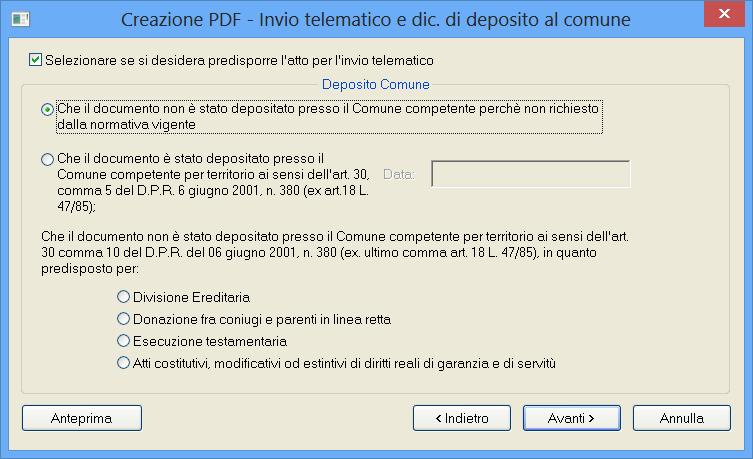 Premendo Avanti la procedura mostrerà la finestra Creazione PDF Inserimento dati per Invio Telematico descritta nel paragrafo successivo.