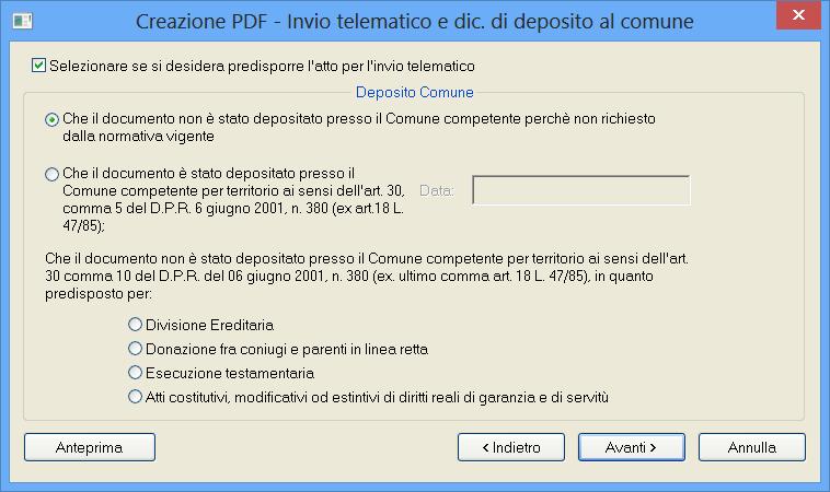 Dopo la finestra Creazione PDF Opzioni grafica la procedura propone la finestra Creazione PDF Riepilogo dove sono riepilogate le informazioni che andranno a costituire il fil PDF e dove si potrà