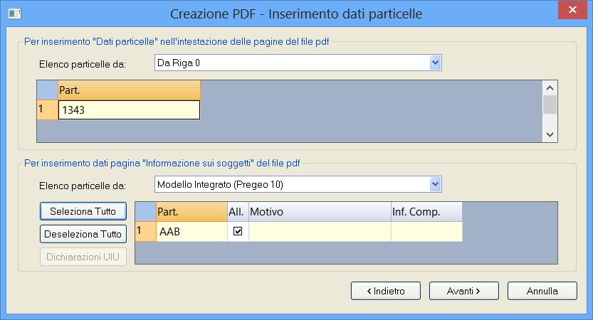 Paragrafo IV Creazione PDF: Inserimento dati particelle Nella prima parte della finestra è possibile scegliere mediante un apposito menu a tendina l elenco delle particelle da riportare nell
