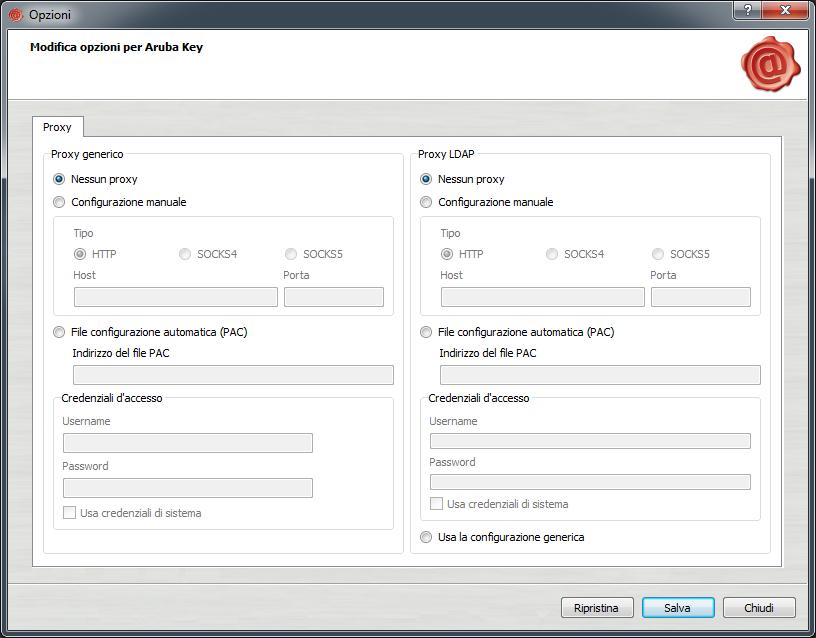 Passo 3 Procedere alla configurazione della relative sezione del Proxy (HTTP/LDAP) Per ciascuna delle due configurazioni (Proxy generico e Proxy LDAP) è possibile selezionare le seguenti opzioni: