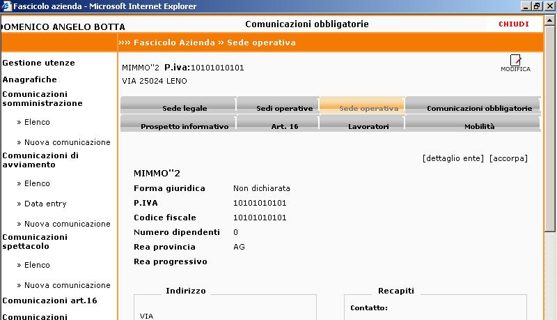 In modifica sede operativa compilare il CCNL (contratti di categoria) e il codice PAT INAIL (fig.16).