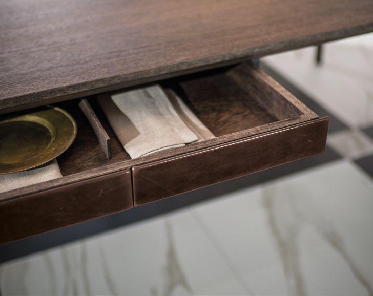 Sideboard Glory in sucupira, doors covered with Pelle B+ Leonardo 8 Sacher, titanium metal parts in view.