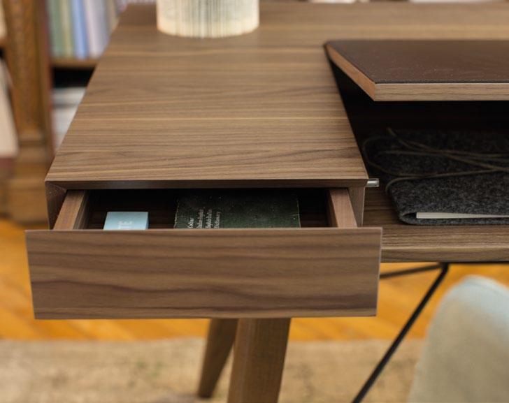 Writing table, structure and feet in Canaletto walnut, top in dark brown leather and micaceous brown drawn metal.