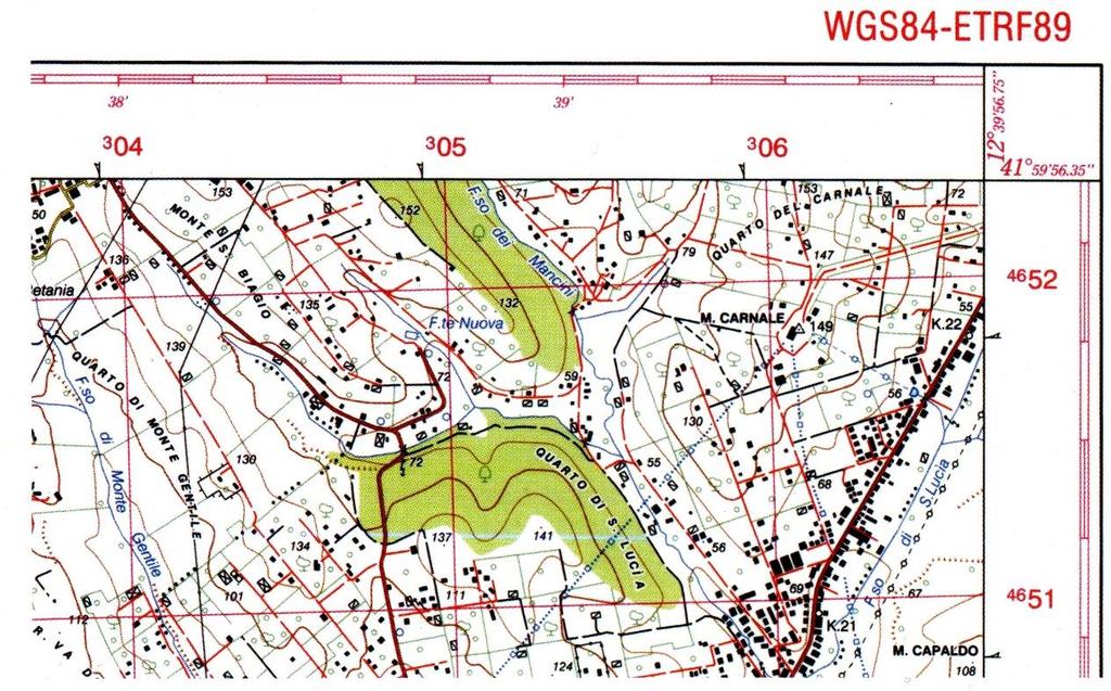 La «Carta d Italia» Dal 27/02/2012 Datum: ETRS89 (ITRS84-WGS84) Ellissoide GRS80 (WGS84) (ellissoide globale geocentrico) Proiezione conforme di Gauss (inversa di Mercatore) (UTM)