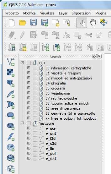 Progetto QGIS con shapefile organizzati in gruppi