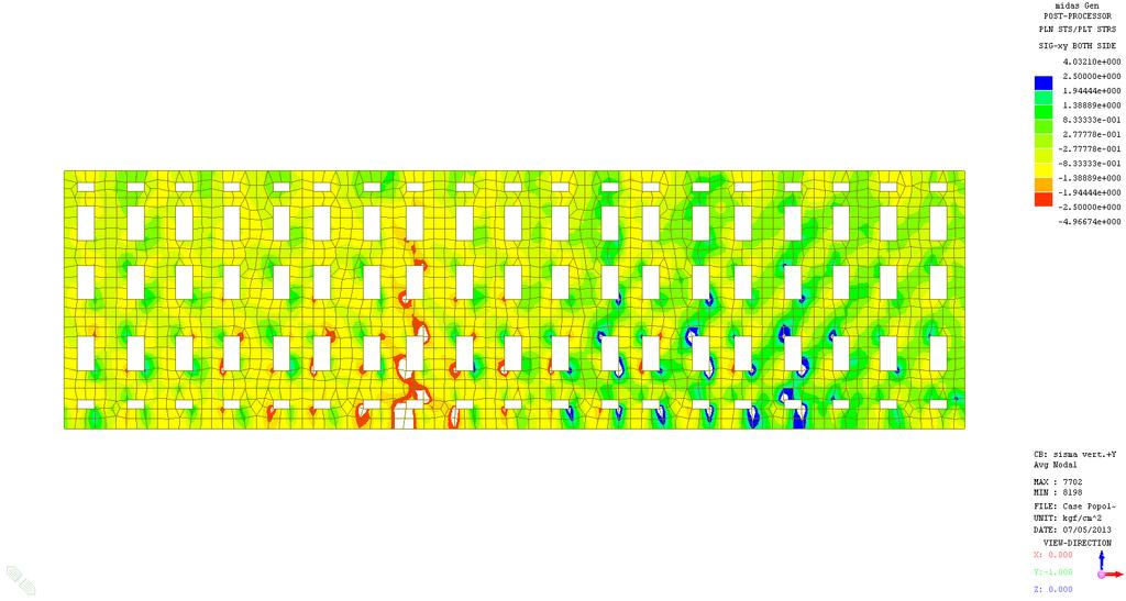 Immagine 6 tensioni tangenziali in una facciata esterna del fabbricato, per una combinazione di carico sismica, con contestuale presenza della componente orizzontale e verticale (vengono rimosse le