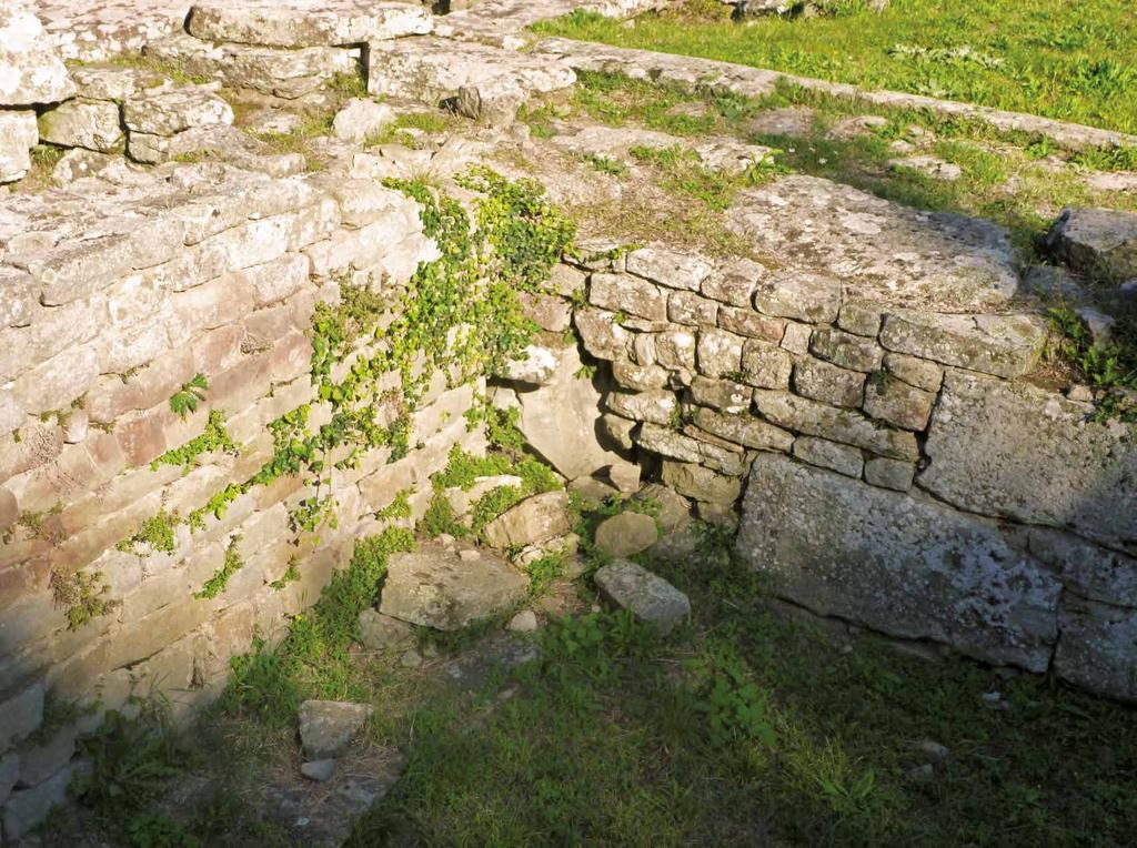 Anche in altri punti dell area si possono individuare strutture murarie degradate: particolarmente in crisi, nell area delle terme, il muro che delimitava, sul lato interno, il portico meridionale