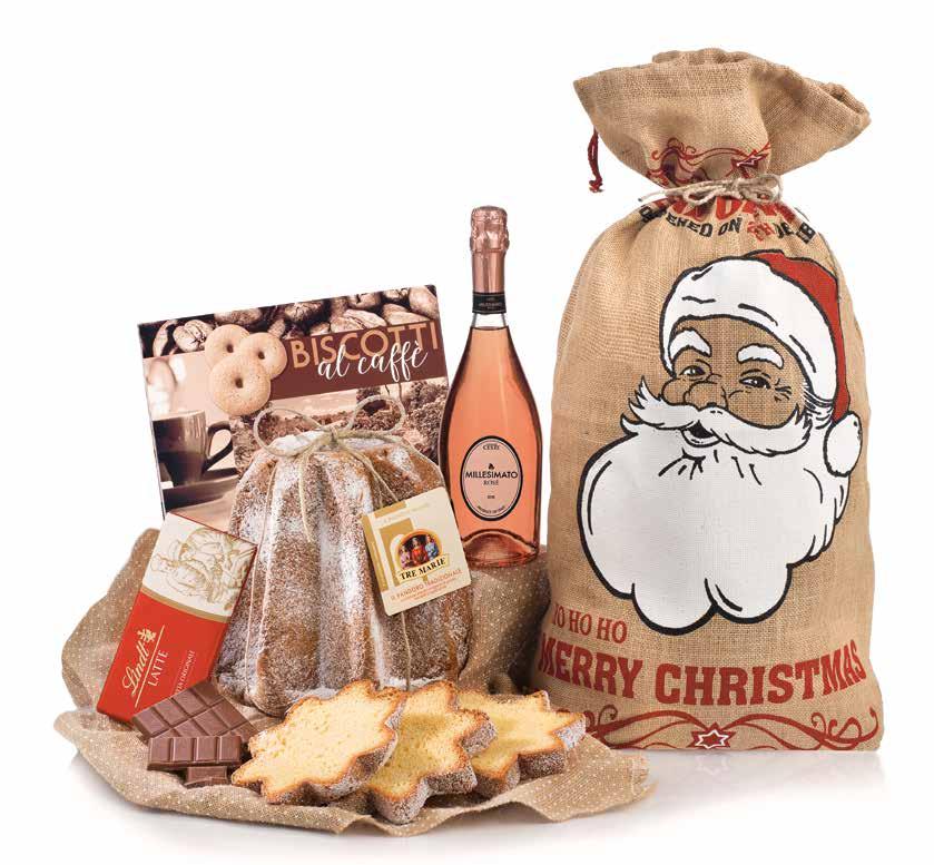 La Sassellese, g 90 Ballotin Cioccolatini Classici Caffarel, g 80 SACCO JUTA CON DECORO BABBO NATALE Pandoro Alto Classico Tre Marie, g 750 Bottiglia Spumante Rosé